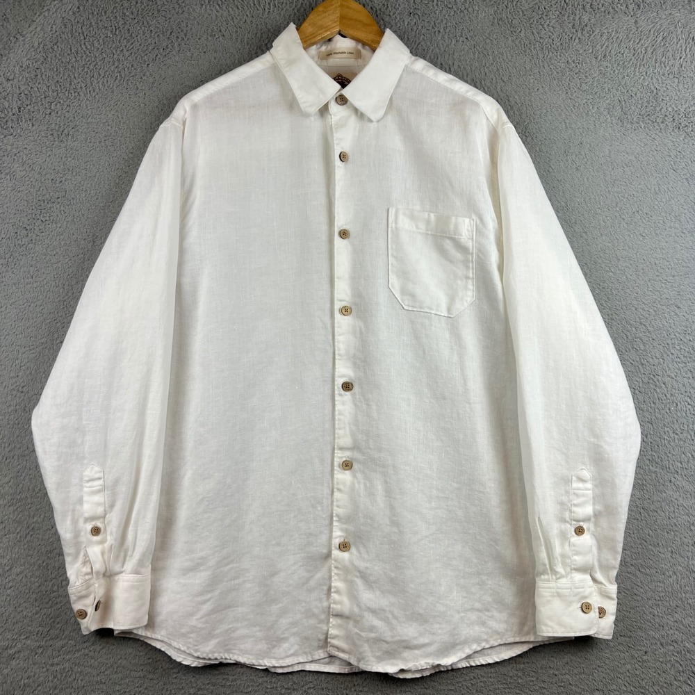 Paradise Collection Mens Large White 100% Washable Linen Button Down Shirt L